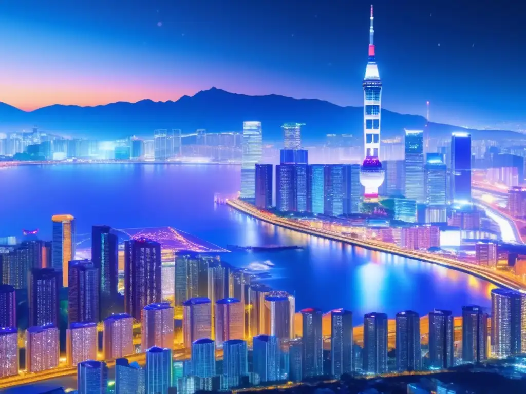 Auge criptomonedas en Corea del Sur Imagen 8K de crecimiento criptomonedas en Corea del Sur: ciudad futurista, valores al alza, logos