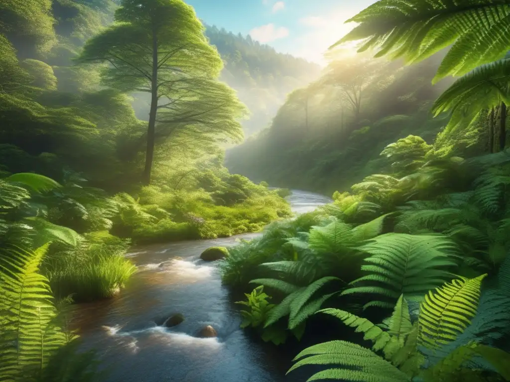 Bosque exuberante con río serpenteante Imagen deslumbrante de un bosque verde exuberante con un río serpenteante en su centro