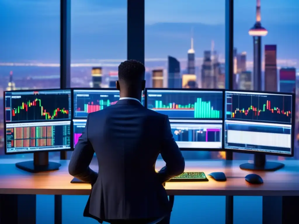 Trading desk en ciudad al atardecer Imagen detallada de una moderna mesa de trading con skyline de ciudad al anochecer