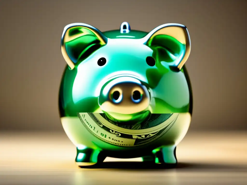 Dinero organizado en alcancía transparente Imagen de dinero organizado en una alcancía de vidrio transparente, destacando opciones de ahorro como cuentas y inversiones seguras