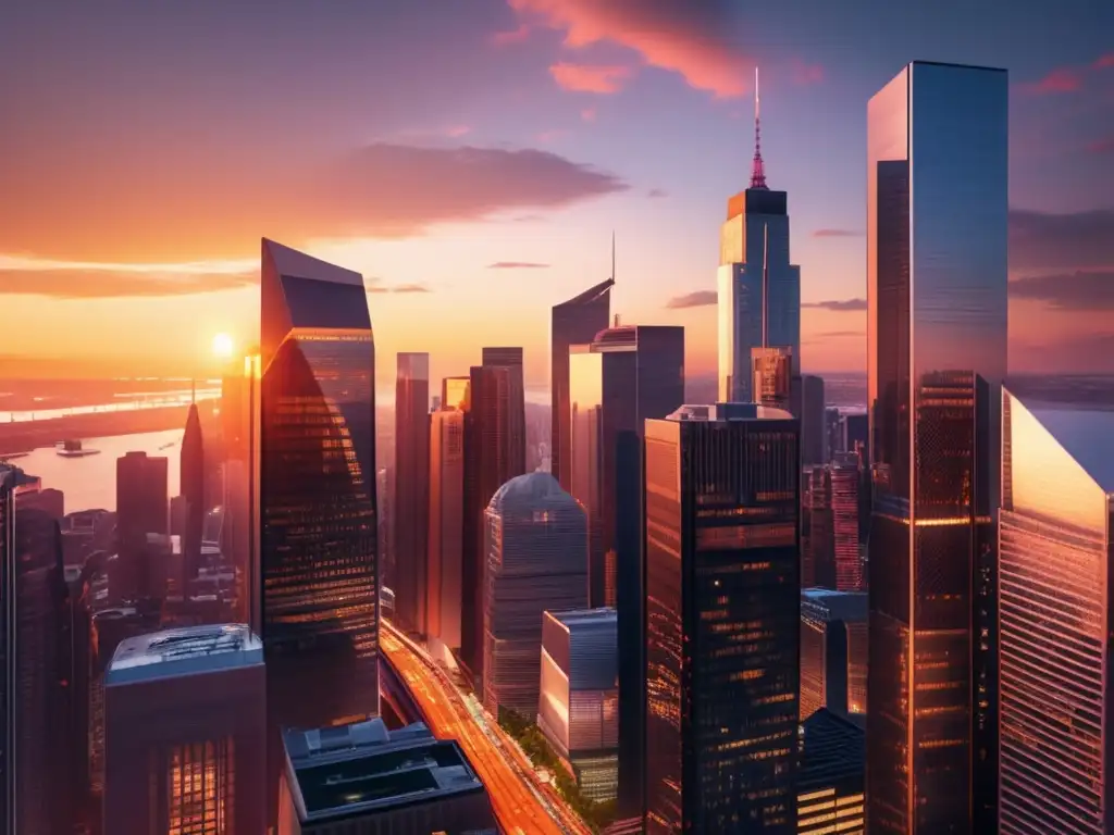 Finanzas urbanas al atardecer Imagen de un distrito financiero moderno al atardecer, simbolizando el éxito de la inversión a largo plazo