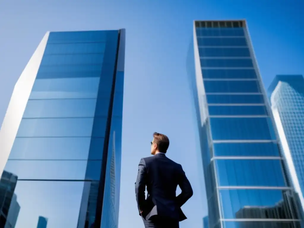 Edificio financiero y hombre elegante simbolizan la estrategia Buffett Imagen de edificio de oficinas moderno, simbolizando el mundo financiero