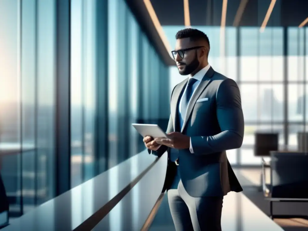 Hombre de negocios en oficina moderna Imagen empresario en oficina moderna con transparencia y profesionalismo