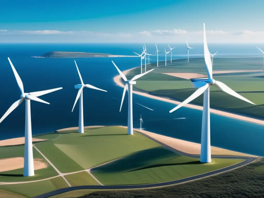 Turbinas eólicas en paisaje costero Imagen: Energías renovables en crisis - Parque eólico 8k moderno en paisaje costero pintoresco