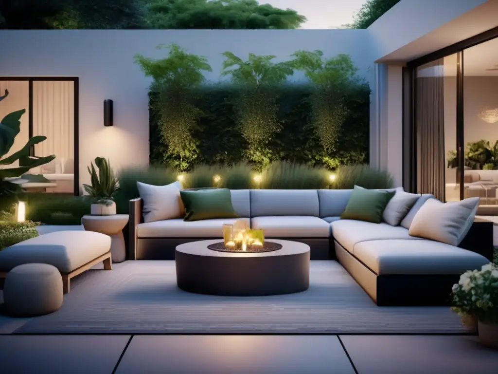 Patio contemporáneo con mobiliario elegante y aire acondicionado eficiente Imagen de transformación de espacio exterior moderno: reformas inteligentes para aumentar valor propiedad