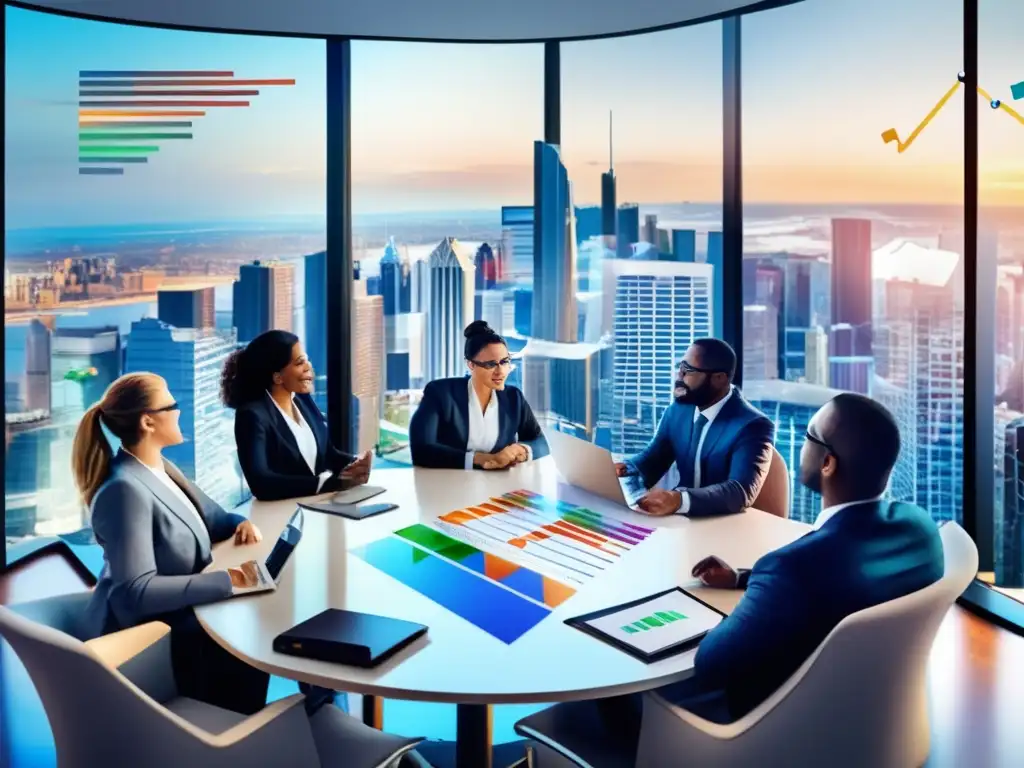 Profesionales discutiendo estrategias financieras Imagen: Estrategia de diversificación financiera en una oficina moderna y vibrante