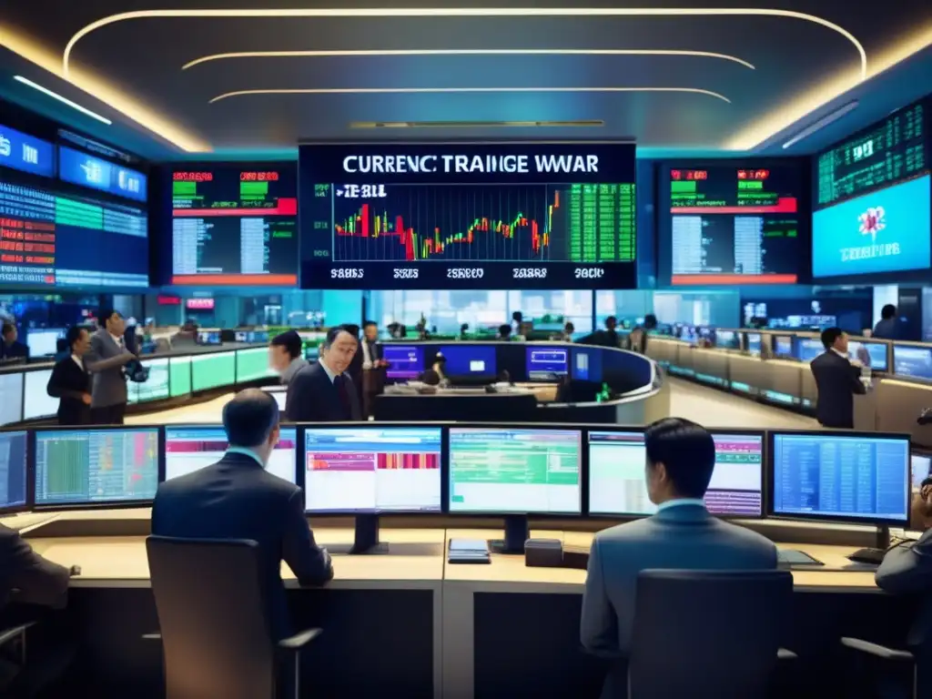 Traders in currency war Imágen: Estrategia de inversión en divisas en un mercado financiero global con traders en una sala de trading moderna y energética