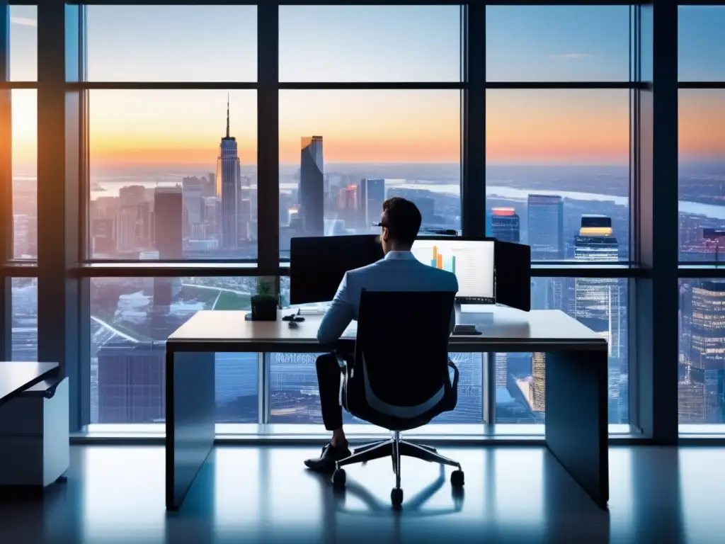 Oficina moderna con vista panorámica de la ciudad Imagen: Estrategia inversión pasiva transformadora en moderna oficina con vista panorámica de ciudad activa