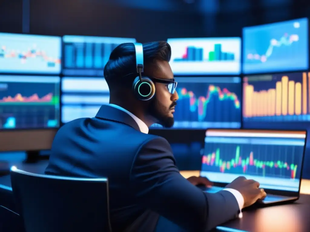 Trader analizando gráficos técnicos en moderno escritorio Imagen de trader analizando estrategias de análisis técnico intradía en moderno escritorio de trading con monitores