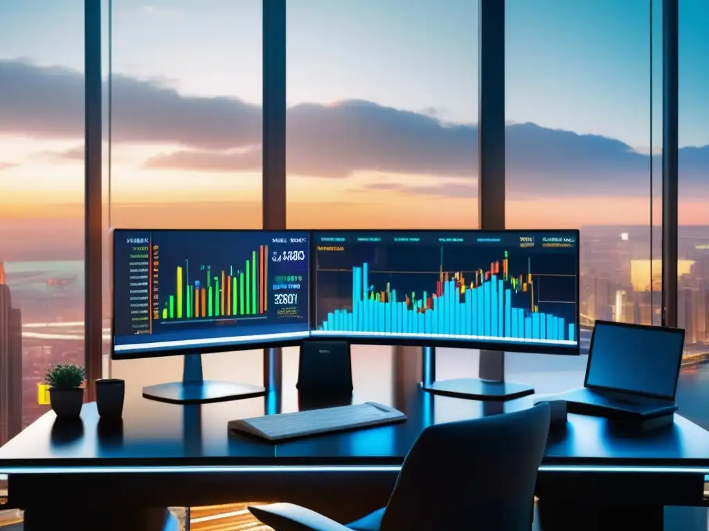 Oficina financiera moderna con ETFs y fondos mutuos Imagen de estrategias avanzadas de ETFs y Fondos Mutuos en 8k con vista panorámica de la ciudad