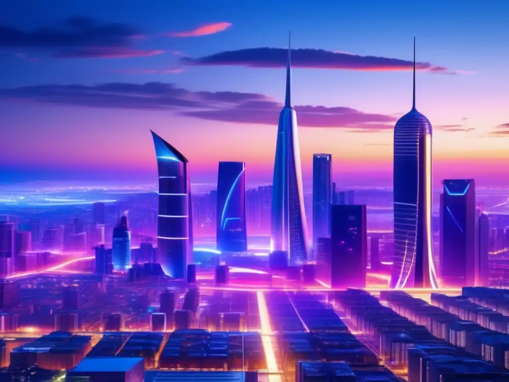 Futuro urbano sostenible con energía renovable Imagen futurista de ciudad al atardecer con rascacielos iluminados y energía limpia