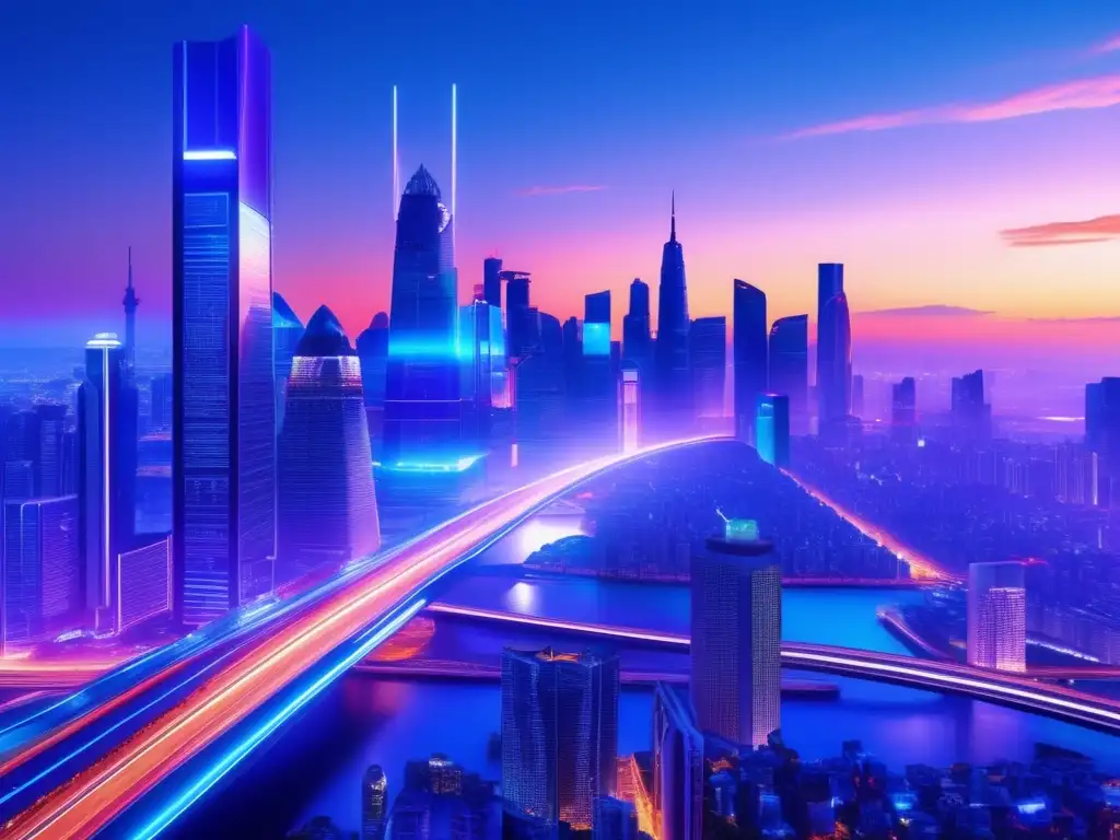 Futurista ciudad en crecimiento Imagen futurista de una ciudad en crecimiento, con rascacielos iluminados y carteles digitales mostrando datos económicos y tendencias de mercado