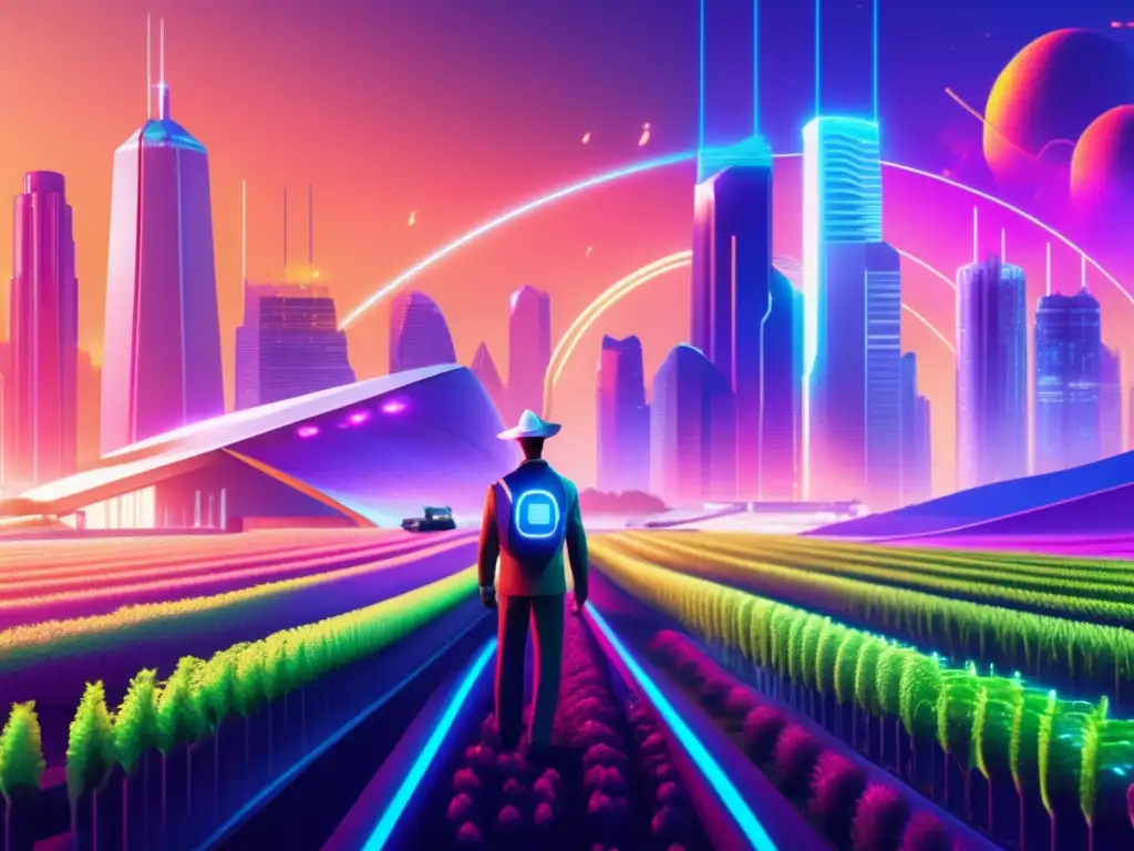 Futuro de la agricultura de rendimiento en una ciudad futurista Imagen: Futurista ciudad con granja virtual y estrategias de yield farming rentables