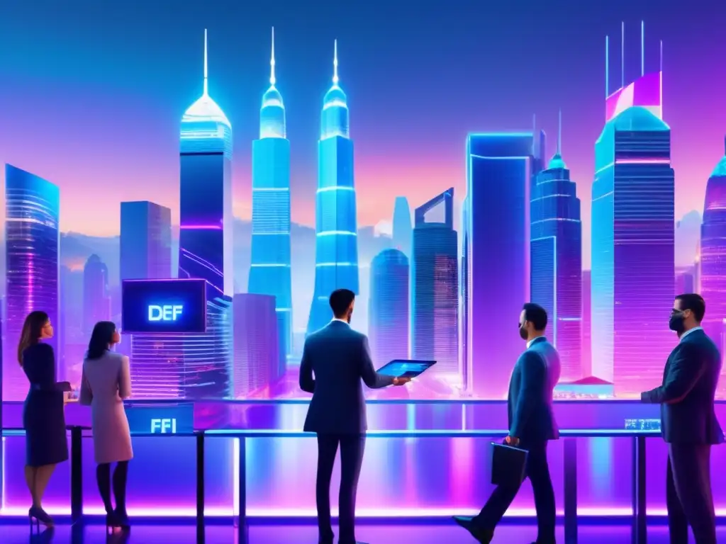 Futuro DeFi con transparencia y seguridad Imagen DeFi: Futurista ciudad con rascacielos de vidrio transparente, billboards digitales y profesionales discutiendo estrategias de inversión