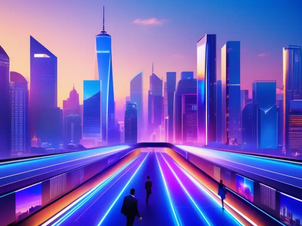 Futuro de las inversiones financieras Imagen futurista de ciudad con rascacielos y personas, simbolizando inversiones futuros financieros análisis