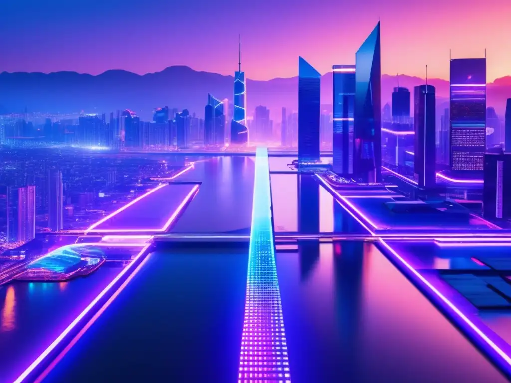 Futurista ciudad con blockchain Imagen: Futurista ciudad con rascacielos de vidrio, iluminada por luces de neón y un río brillante