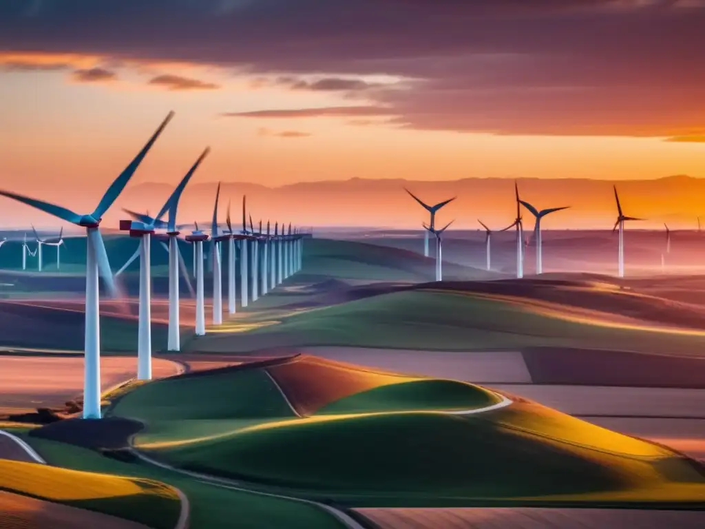 Energía renovable: granja eólica futurista Imagen: Wind farm futurista 8k generando energía renovable - Beneficios de las subastas de energía renovable