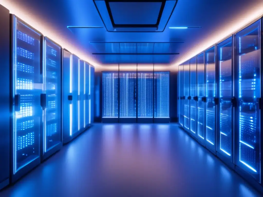 Sala de servidores blockchain futurista Imagen: Futurista sala servidores blockchain con nodos, circuitos y seguridad de datos en Blockchain