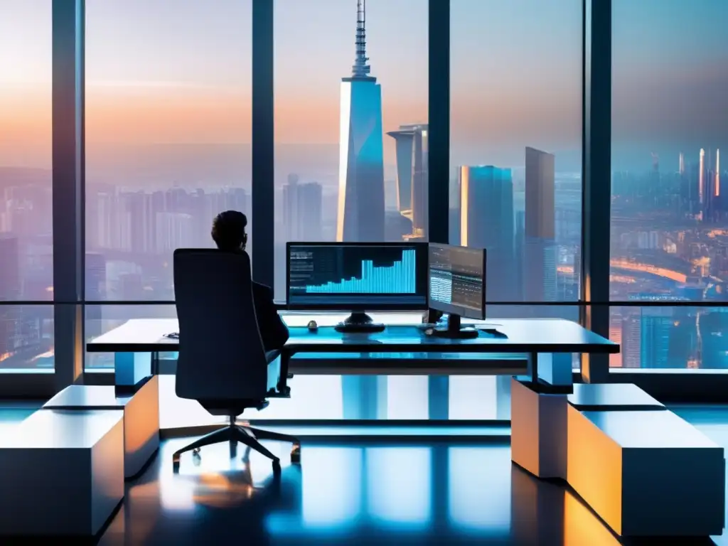 Futuro del trading: tecnología avanzada y análisis técnico Imagen: Futuro trading desk con tecnología avanzada y gráficos holográficos para predecir el mercado