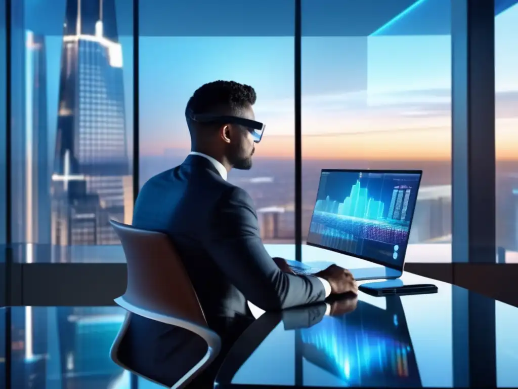 Oficina futurista de negocios Imagen: Hombre analizando gráficos financieros en oficina futurista - Ciberseguridad en inversiones financieras