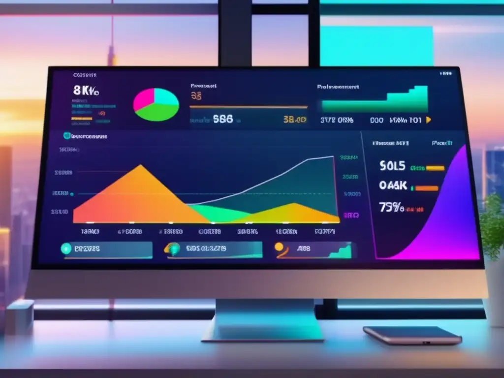 Plataforma de roboasesoramiento futurista Imagen ilustrativa: Ventajas y desventajas de roboadvisors en una plataforma futurista y moderna con gráficos vibrantes