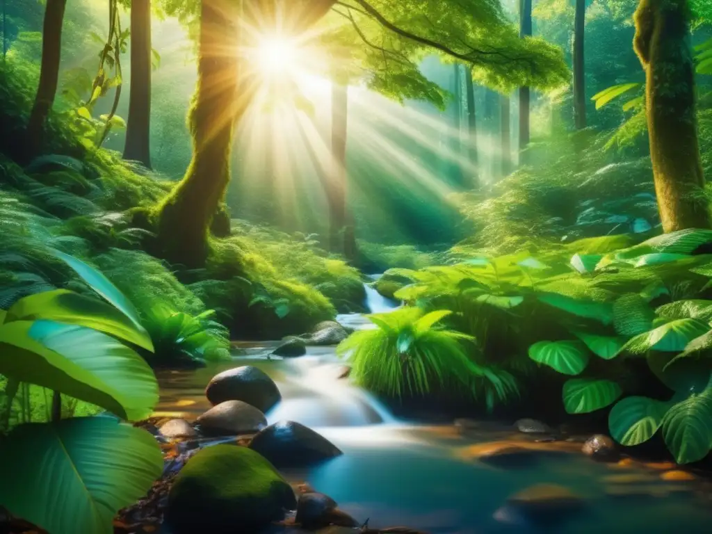Bosque verde exuberante, vida y armonía Imagen impactante de un bosque exuberante y verde con rayos de sol filtrándose a través del dosel