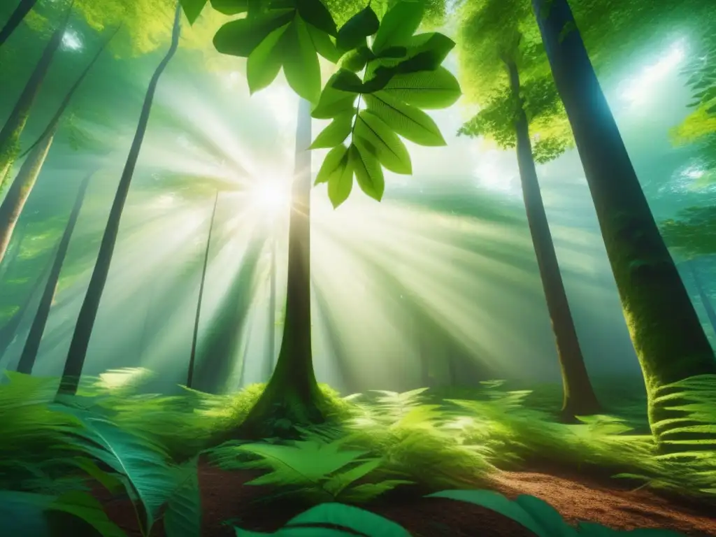 Bosque exuberante: belleza y preservación Imagen impactante de un bosque verde exuberante con árboles altos que alcanzan el cielo, filtrando la luz del sol a través de la densa vegetación