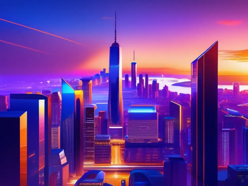 Futurista ciudad con rascacielos y encriptación Imagen impactante de una ciudad futurista al atardecer con rascacielos relucientes y actividad vibrante en las calles