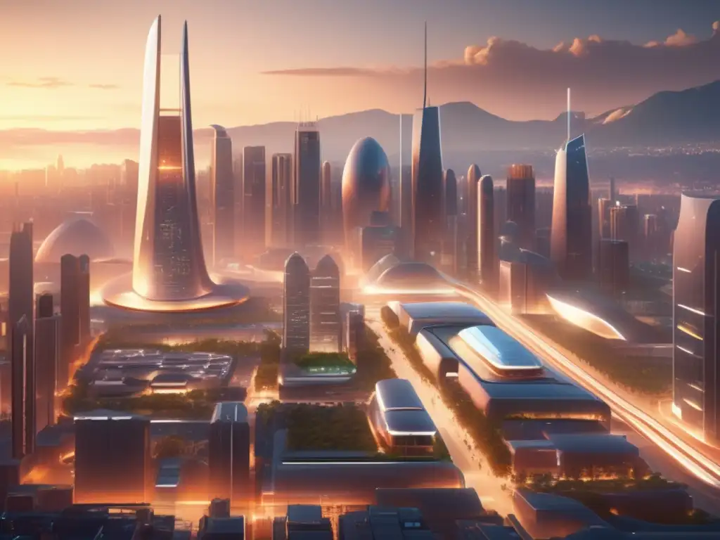 Futurista ciudad innovadora y vibrante Imagen impactante de una ciudad futurista en 8K, resaltando beneficios criptomonedas PoS
