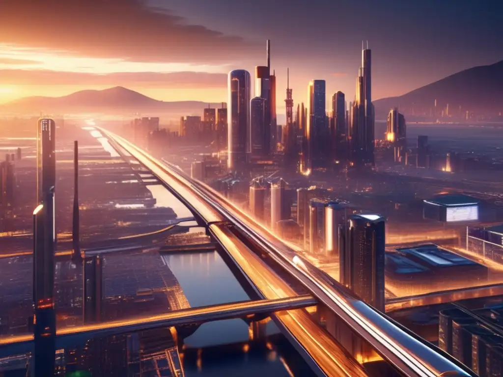 Ciudad futurista con rascacielos y tecnología avanzada Imagen impactante de una ciudad industrial futurista en 8K, con rascacielos y edificios elegantes que se alzan hacia el cielo