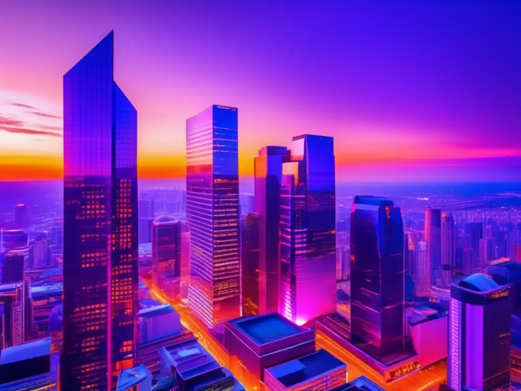 Ciudad moderna al atardecer Imagen impactante de ciudad moderna al atardecer, con rascacielos iluminados y colores vibrantes - Plan de salida inversión pérdidas
