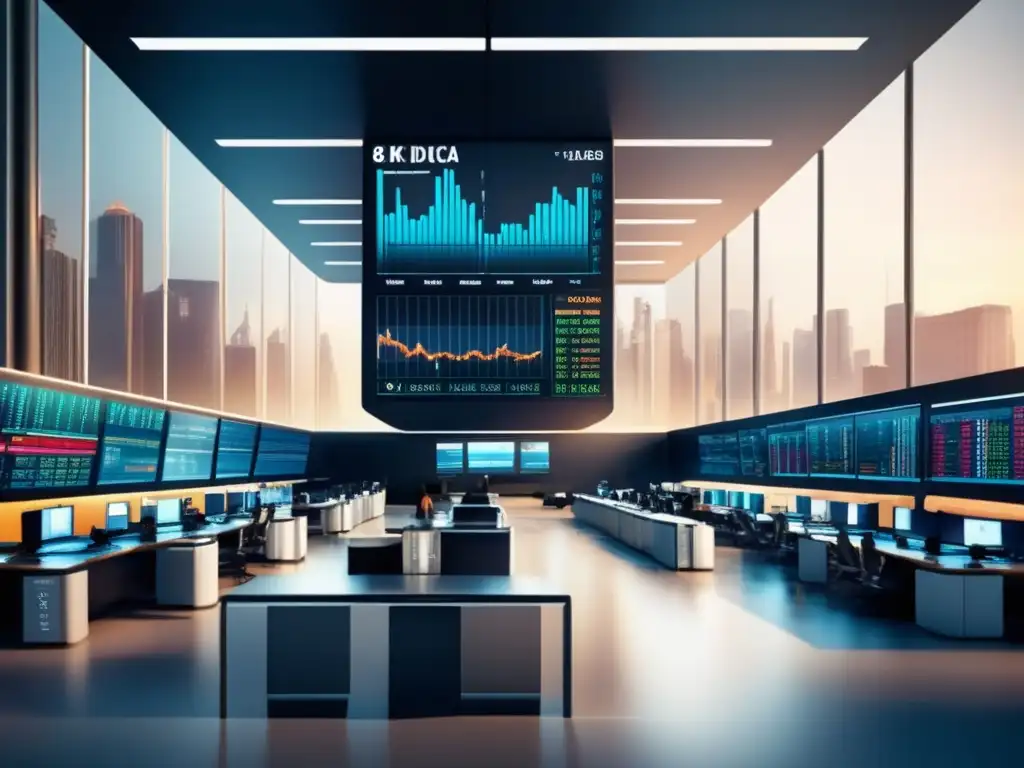 Sala de Trading Futurista con Pantallas de Datos en Tiempo Real Imagen impactante de sala de trading futurista con traders y datos en tiempo real - Juegos de bolsa para inversores