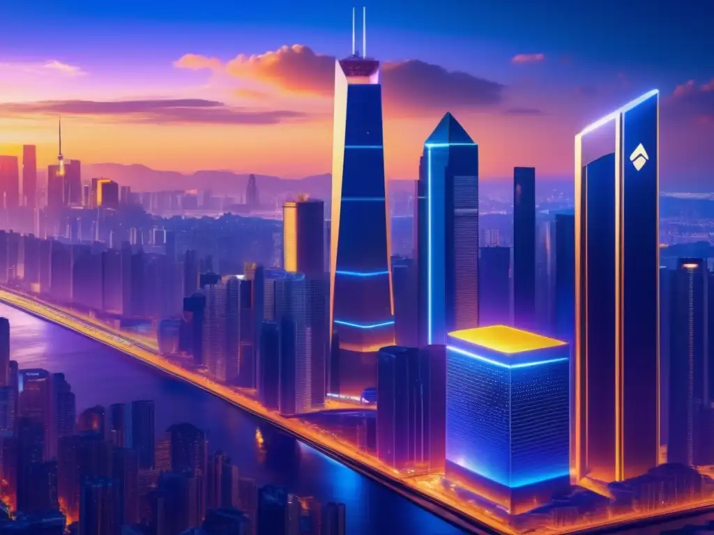 Ciudad futurista con rascacielos y criptomonedas Una imagen impresionante muestra una ciudad futurista al atardecer con rascacielos imponentes y una iluminación dorada