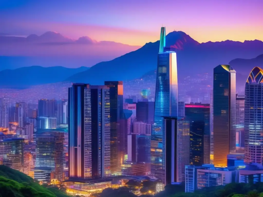 Ciudad latinoamericana: metrópolis moderna al atardecer Imagen impresionante de ciudad latinoamericana al anochecer, con rascacielos iluminados reflejando vibrantes colores
