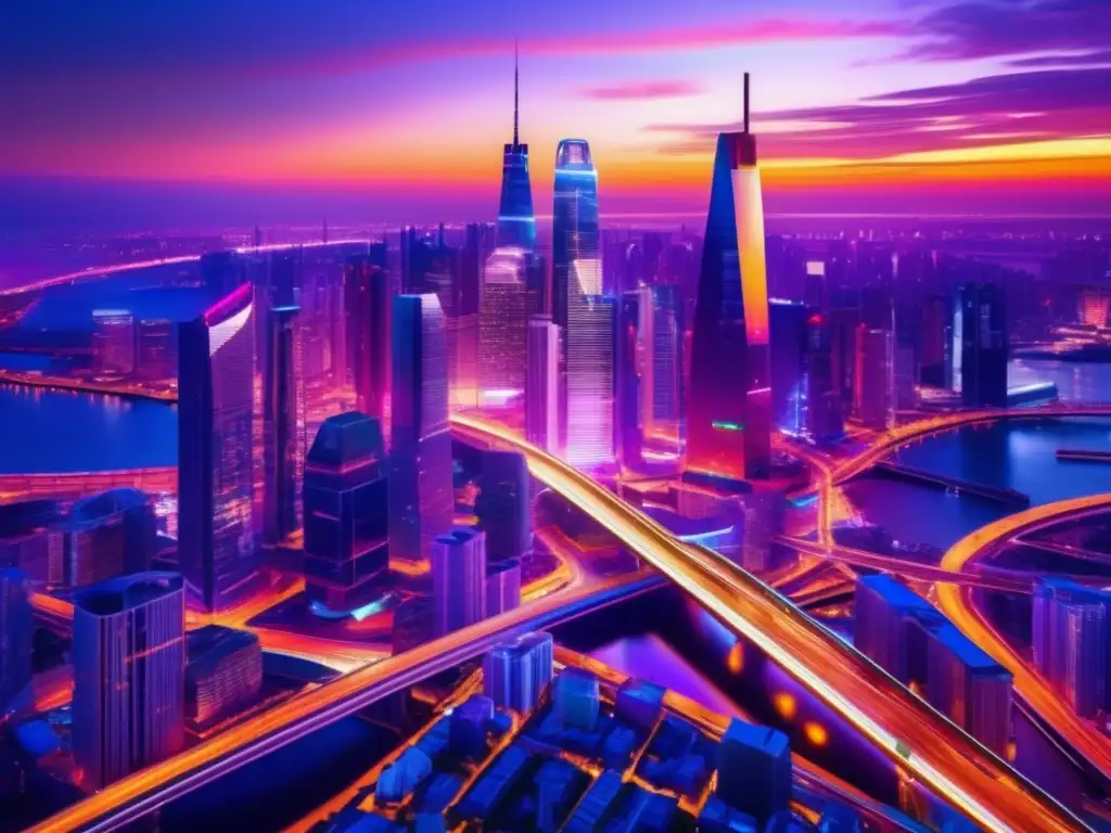 Ciudad moderna en la puesta del sol Imagen 8k impresionante de una ciudad moderna al atardecer