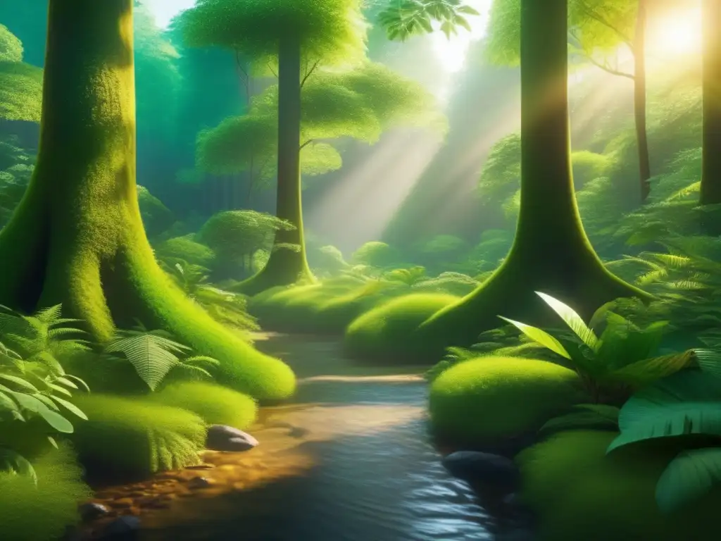 Bosque verde exuberante: naturaleza y sostenibilidad Imagen impresionante de bosque verde exuberante en 8k, con árboles altos, sombras y corriente