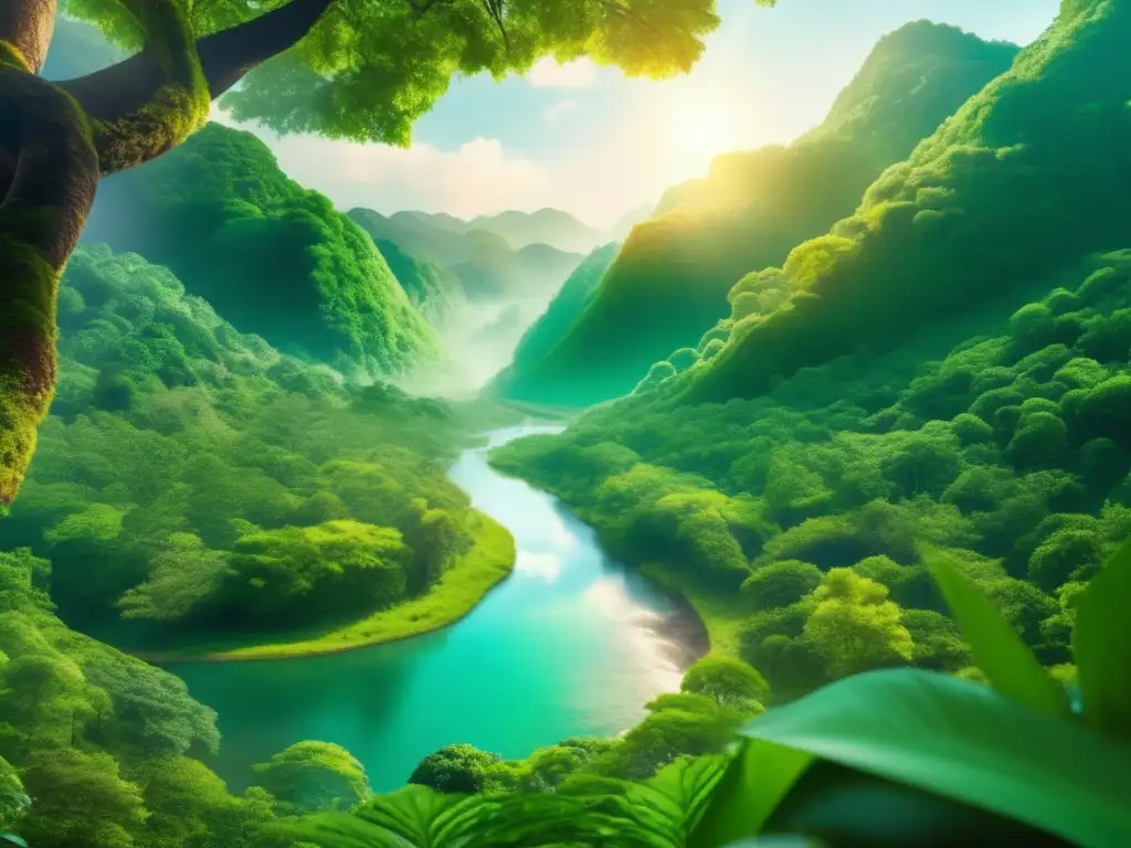 Impacto positivo de inversión sostenible Imagen: Índices de sostenibilidad en inversión: bosque verde exuberante, río cristalino, diversidad de especies, crecimiento económico responsable