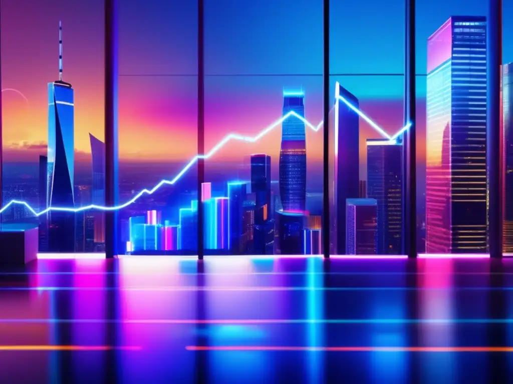 Mercado financiero global Imagen: Influencia de Soros en monedas - Mercado financiero global, ciudad futurista con rascacielos, pantallas digitales y traders