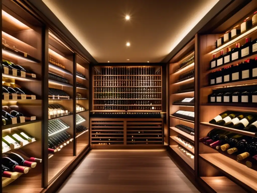 Bodega de vinos de lujo con paredes de vidrio Imagen de una lujosa bodega de vinos con paredes de vidrio y estantes de madera