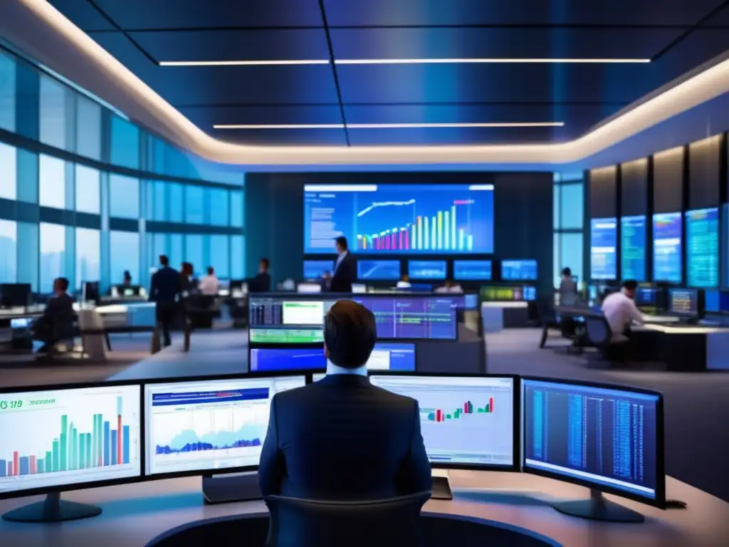 Sala de trading moderna y profesional Imagen: Mejores estrategias CFDs bolsa en trading floor moderno y profesional