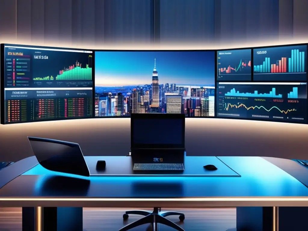 Escritorio de trading moderno con vista panorámica de ciudad Imagen: Interpretación mercado principios Dow con trading desk y ciudad en fondo