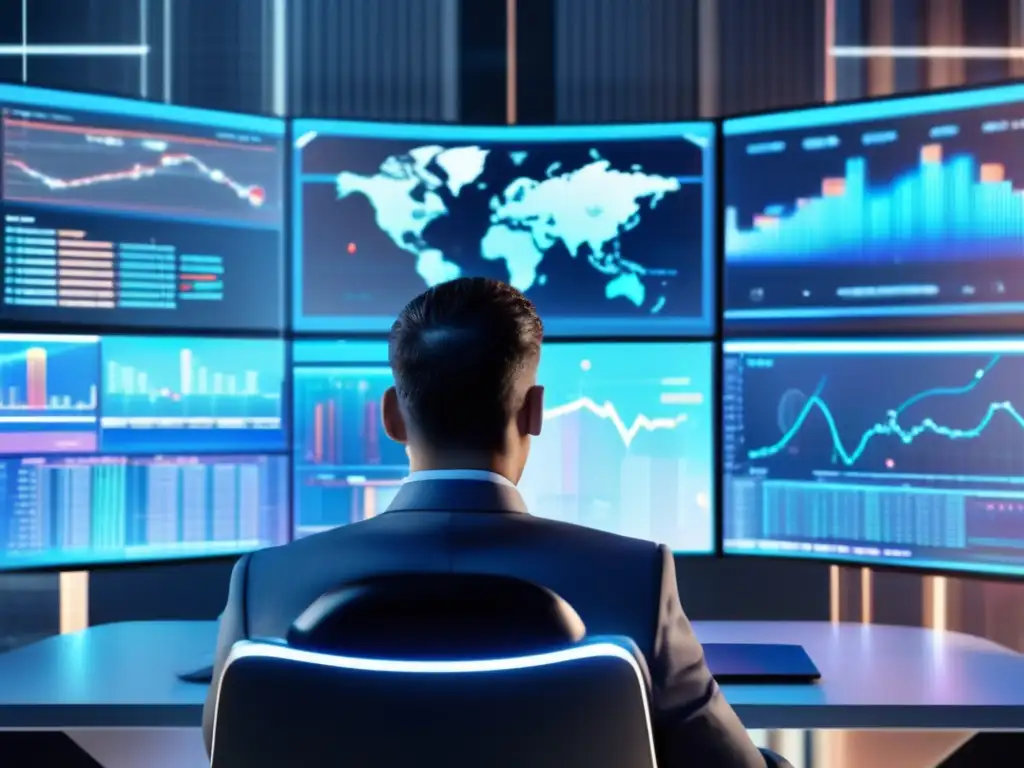 Escena futurista con empresario y tecnología avanzada Imagen: Modelos predictivos de riesgos financieros con tecnología futurista y hombre de negocios en un entorno hightech