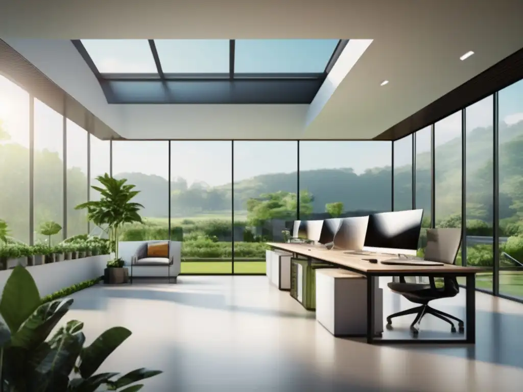 Innovación sostenible en oficina Imagen de una moderna oficina sostenible con vista a un paisaje verde, donde profesionales implementan las Normas ISO para inversiones verdes