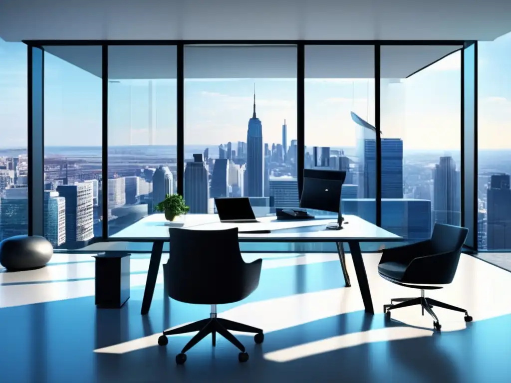 Oficina moderna con vista a la ciudad y equipamiento sofisticado Imagen moderna de una oficina con vista a la ciudad, con muebles minimalistas y una pantalla que muestra análisis financiero
