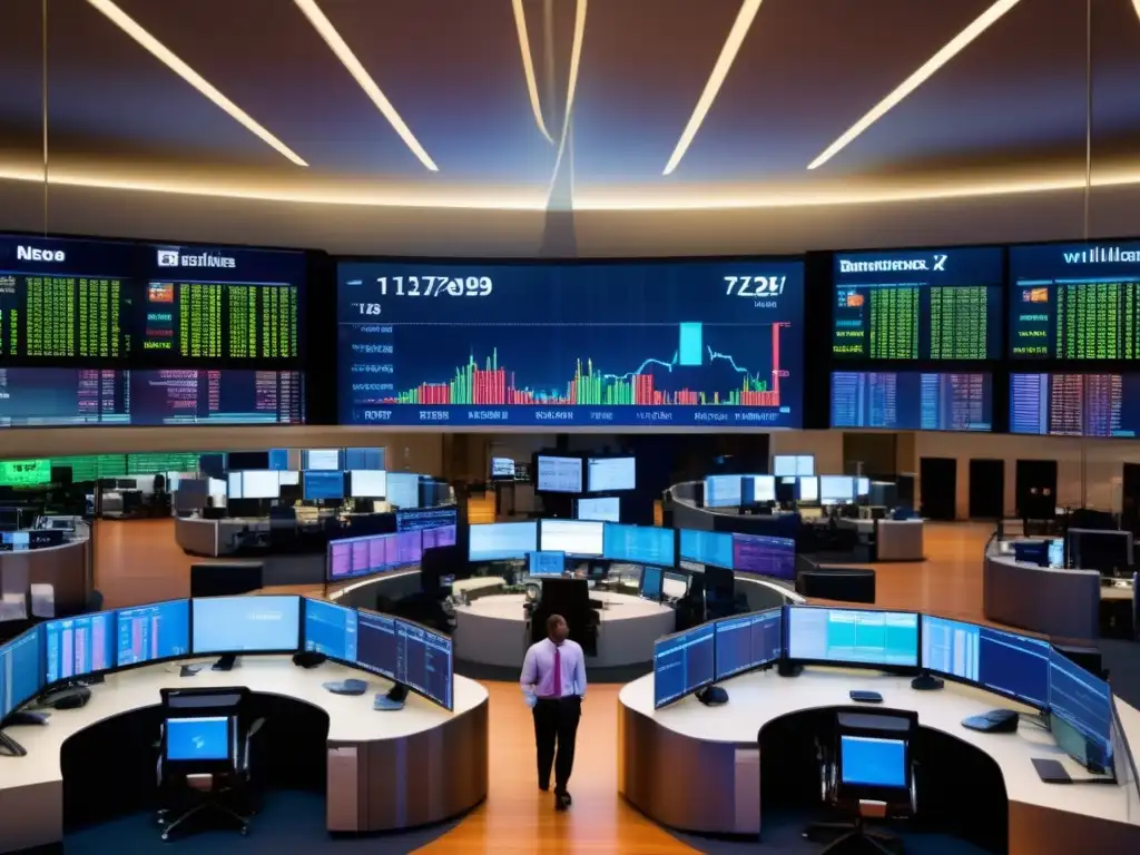 Traders en piso bursátil moderno Imagen de una moderna sala de trading en la bolsa de valores con traders y gráficos de indicador Williams %R
