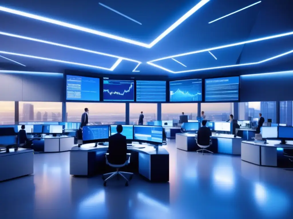 Moderna sala de operaciones de trading con tecnología de vanguardia Imagen de una moderna sala de trading con oficinas de vidrio y pantallas de alta tecnología