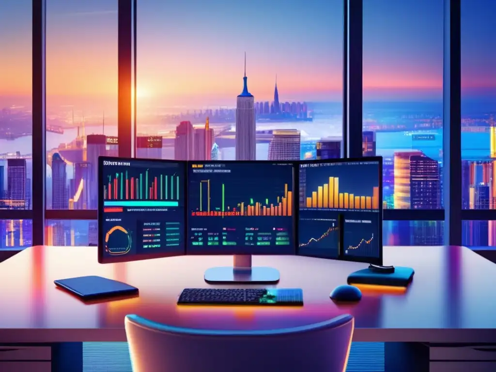 Escritorio de trading de criptomonedas moderno Imagen de un moderno escritorio de trading altcoins con gráficos y expertos analizando estrategias