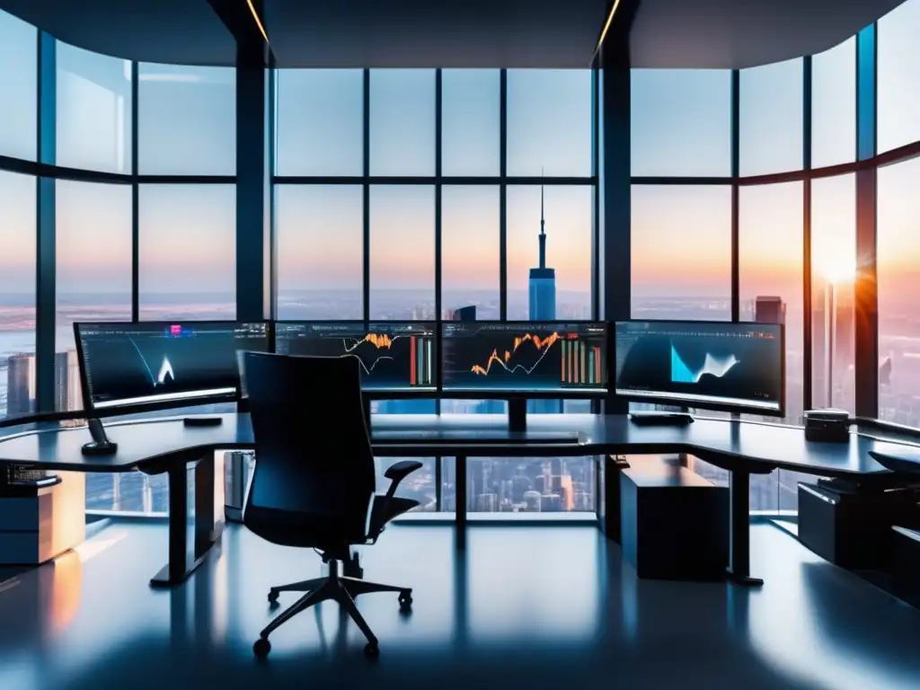 Escritorio de trading ultradetallado 8k Imagen de un moderno escritorio de trading en 8k, con vista panorámica