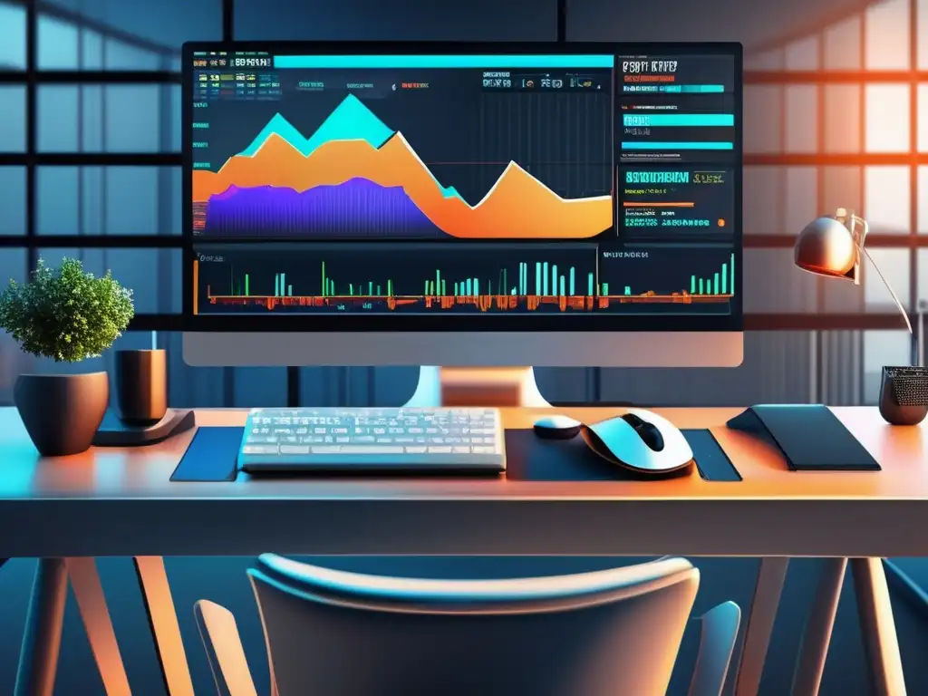 Elegante escritorio de trading moderno Imagen de un moderno escritorio de trading con gráficos y datos en tiempo real