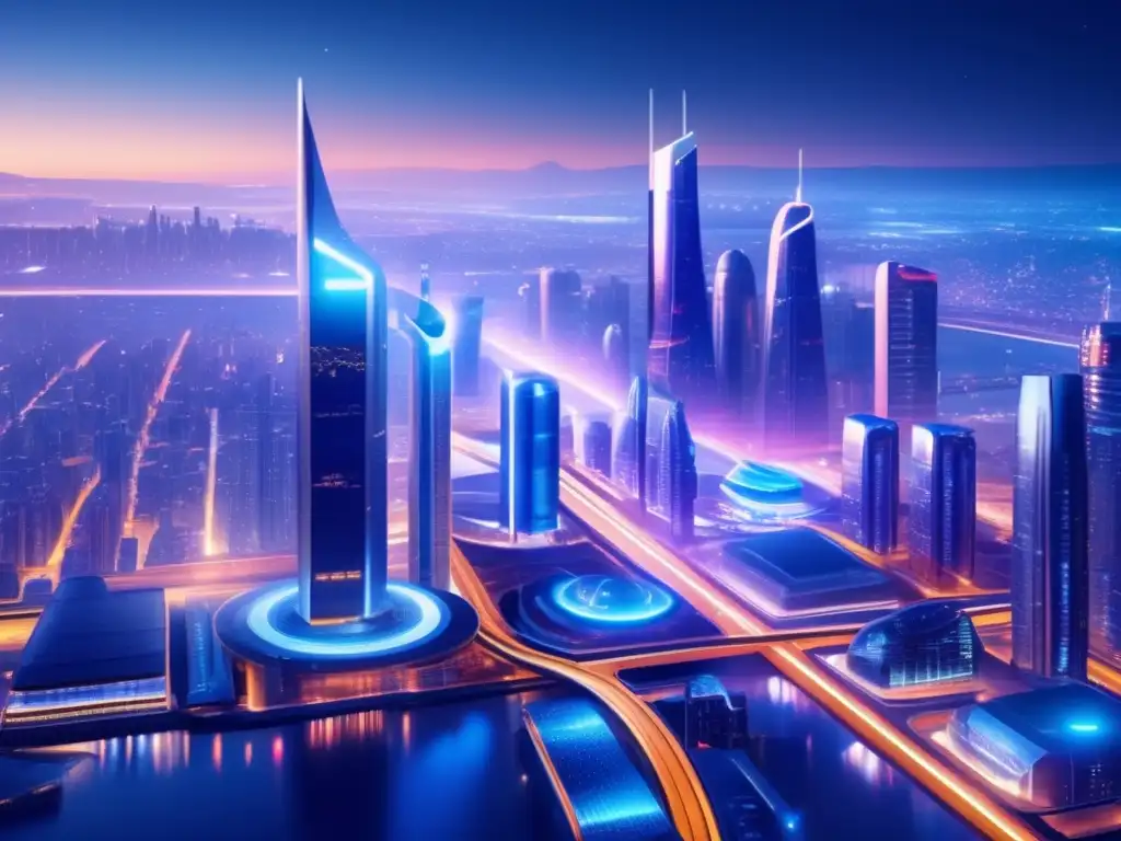 Futuroso paisaje nocturno: ciudad 8k con rascacielos iluminados Imagen nocturna de una ciudad futurista con rascacielos iluminados y sistemas de transporte avanzados